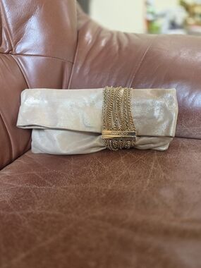 Jimmy Choo Shimmering Cream Clutch with Gold Chain Detail